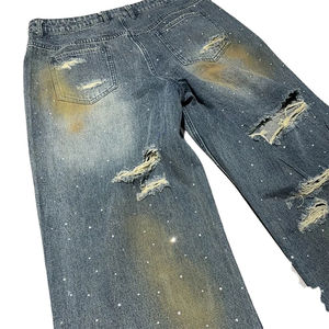 Nuevos Pantalones Vaqueros de Mezclilla para Hombre, Estilo Baggy Recto, Rotos y Desgastados con Pedrería, Casuales y a la Moda, con Lavado Ácido - Product Image 3