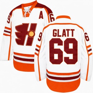 เสื้อฮอกกี้น้ำแข็ง Hartford Whalers แบบยูนิเซ็กซ์ รุ่น Glatt 69 พิมพ์ลายด้วยความร้อน ผ้าตาข่าย สีน้ำเงินส้ม แขนยาว คอวี ระบายอากาศได้ดี - Product Image 2