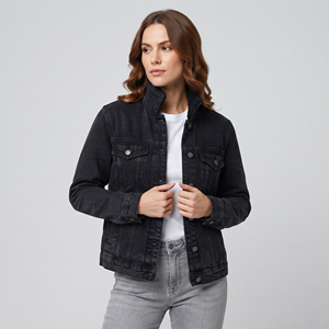 Women's Black <b>Denim</b> Quilted Trucker <b>Jacket</b> Stand Collar Full Sleeve Button Closure Windproof Breathable Fashion Style - Product Image 4