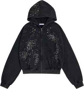 Sudadera con capucha personalizada con pedrería para hombre, de peso pesado, con doble cremallera, efecto deslavado, de alta calidad, estilo urbano. - Product Image 1