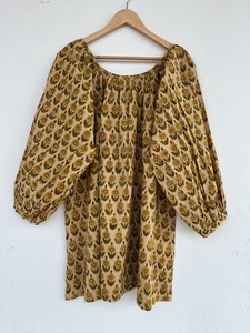 Robe courte en coton beige à imprimé floral pour femme, manches longues bouffantes, col froncé, coupe ample, style bohème, pour l'été, la plage ou les vacances - Product Image 5