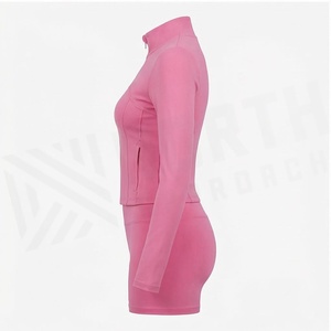 Pink 2 Piece Yoga Set Full Sleeve <b>Zipper</b> Front Crop <b>Top</b> High Waist Shorts Solid Color Breathable Sportswear Women's Activewear - Product Image 3
