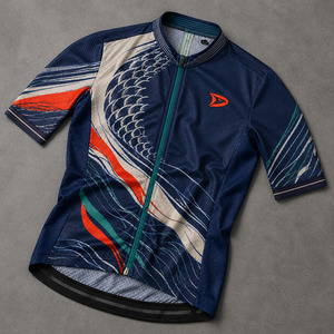 Maillot de cyclisme personnalisé à sublimation, manches courtes, coupe de course, avec empiècements latéraux en mesh et poches de rangement arrière - Product Image 1