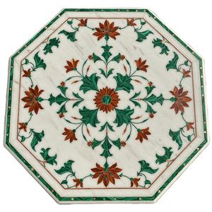 Plateau de table basse de salon traditionnel en marbre blanc écologique avec incrustation semi-précieuse - Product Image 3