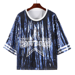Custom Women <b>Sequin</b> Football T Shirt Game Day Jersey Style Sparkle <b>Top</b> Fanwear Sports Shirt OEM Bulk Wholesale - Product Image 1