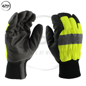 High Visibility Yellow Fabric Black Synthetic Leather Palm Work <b>Gloves</b> Reflective Strip Knit Elastic Wrist Mechanics Hand <b>Gloves</b> - Product Image 2