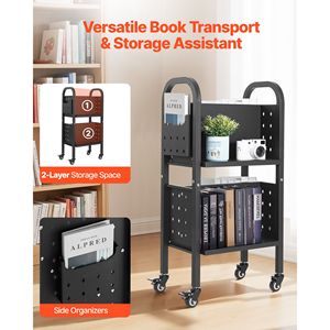 Carrello Porta Libri con Ruote, Capacità 68 kg, Scaffali a Doppio Lato a Forma di L, 2 Pollici di Profondità, 17.7 x 13.0 x 34.6 Pollici - Product Image 2