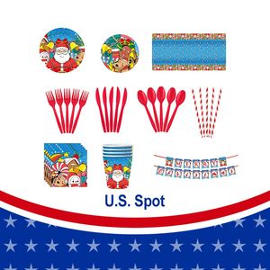 Christmas 10-Piece <b>Disposable</b> Party Supplies Kit Snowman Motif <b>Tableware</b> Paper Plates Banners Plastic Tablecloths Cut Design - Product Image 6