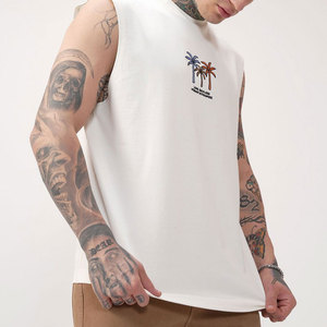 Camiseta sin Mangas Blanca para Hombre, Cuello Redondo, con Estampado de Palmeras, Informal, Transpirable, Corte Regular, de Algodón - Product Image 4