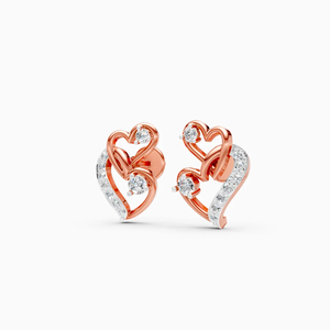 Boucles d'oreilles à double cœur serties de diamants avec diamants de laboratoire de 0,21 carat en or rose, jaune et blanc 14 carats - Product Image 3
