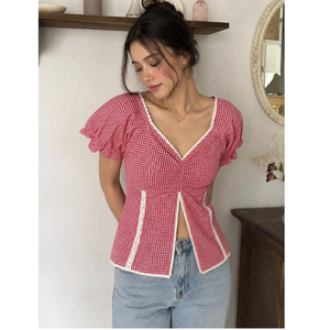 เสื้อเชิ้ตลายตารางผ้าฝ้าย แขนพอง แต่งระบาย และดีไซน์เอวบาน สำหรับแฟชั่นลำลองประจำวันของผู้หญิง - Product Image 3