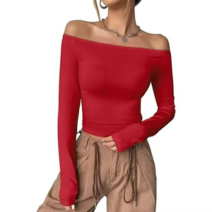 Camisetas para Mujer Estilo Europeo y Americano, Camiseta Sexy de Manga Larga con Hombro Descubierto, Blusa para Mujer - Product Image 3