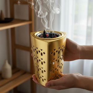 Ensemble cadeau brûleur d'encens moderne en métal noir et or, avec plateau géométrique arabesque, brûleur d'oud Mabkhara en laiton avec couvercle et pot de rangement pour la décoration intérieure - Product Image 5