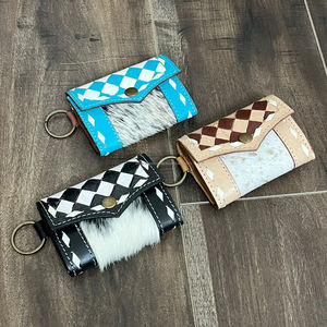 Venta al por mayor de moda a mano de cuero de vaca monedero Mini llavero carteras blanco y turquesa patrón a cuadros pequeña bolsa - Product Image 4