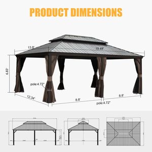 14x20FT Hardtop Galvanized <b>Steel</b> Patio Deck Garden Gazebo Permanent Metal Double Roof Aluminum Frame Curtain Canopy <b>Pergola</b> - Product Image 6