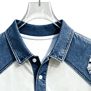 Chemise en coton uni pour homme, blanc et bleu, avec poche en jean contrastant, manches courtes, coupe classique, décontractée, respirante, tricotée pour l'été - Product Image 5