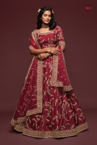 Burgundy Embroidered A-Line Floor-Length <b>Lehenga</b> Choli Set Silk Wedding Outfit Traditional Women Party Dress - Product Image 4