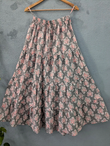 Elegant Grey Floral Tiered Maxi <b>Skirt</b> crafted in soft breathable cotton for effortless style and festive comfort - Product Image 6