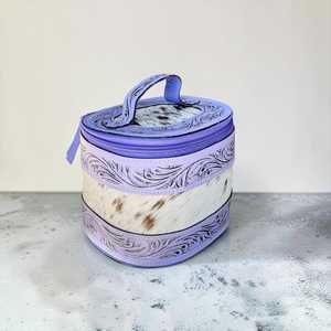 Lilac Cowhide Fur Leather Jewelry Case with Zipper Closure Durable Storage Box for Travel and Home Use - Product Image 1
