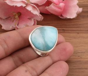 Anillo de Larimar Natural al por Mayor, Anillo de Plata de Ley Hecho a Mano con Engaste Clásico en Bisel, Anillo de Boda para Mujer, Regalo - Product Image 3