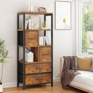 Libreria a 5 Ripiani e 4 Cassetti in Tessuto Non Tessuto 60*30*147cm, Struttura in Ferro Nero e Finitura Effetto Legno per Hotel - Product Image 3