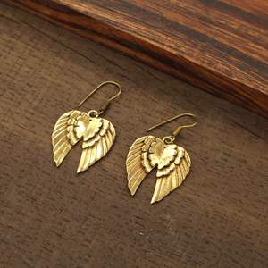 Antique Gold Plated Brass <b>Wings</b> Drop <b>Earrings</b> Vintage Christian Unisex Jewelry - Product Image 4