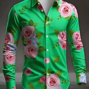 Chemise à manches longues pour homme, col à revers, imprimé rose, vacances à la plage hawaïenne, décontractée, pour les fêtes, de haute qualité, confortable, matière polyester douce - Product Image 4