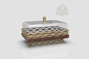 Boîte de présentation de pâtisserie en métal et bois, avec couvercle en forme de dôme pour gâteau, écologique et personnalisée, design Palestine, dorée, pour présentation de desserts - Product Image 5