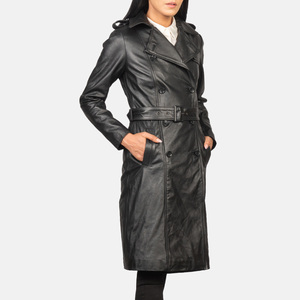 Manteau trench en cuir véritable pour femme, double boutonnage, longueur midi, col à revers, coupe-vent, élégant, avec étiquette privée - Product Image 4