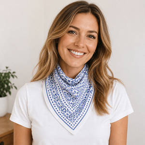 Handmade Organic Blue <b>White</b> Floral Cotton Square Bandana Breathable Casual Wear Summer Scarf Floral Pattern Sustainable <b>Wrap</b> - Product Image 1