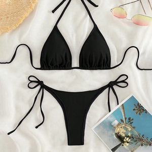 Ensemble de bikini deux pièces pour femmes, couleur unie, haut triangle, bas string, spandex, polyester, maillot de bain, style simple - Product Image 2