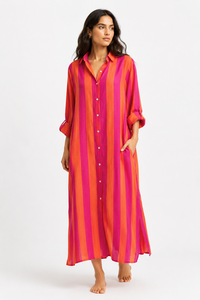 Custom Striped Printed Pure Cotton <b>Kaftan</b> Dress Women <b>Summer</b> Casual Boho Maxi Dress Long Sleeve Beach Wear Loose Fit Gown - Product Image 2