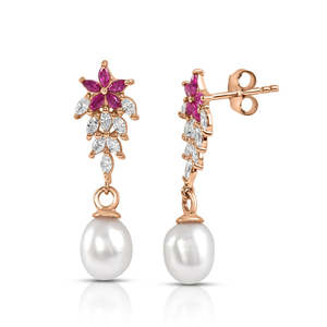 Luxury Ruby <b>Red</b> Stone Pearl Drop Rhodium Plated 925 Sterling Silver Dangle <b>Earrings</b> for Women Wedding Bridal Party Wear Jewelry - Product Image 2