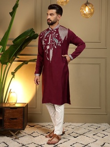 <b>Men</b> Maroon Embroidered <b>Kurta</b> With White Pyjama Regular Fit Traditional Indian Pakistani Wedding Wear Knee-Length - Product Image 3