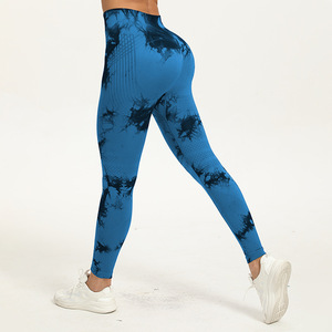 High Waist Full Length <b>Blue</b> Tie <b>Dye</b> Print Knitted Leggings Stretch Breathable Quick Dry Sporty Women's Yoga Pants - Product Image 1