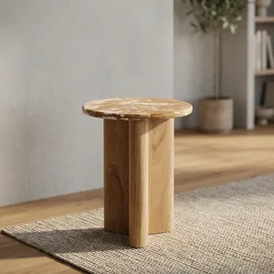Modern <b>Round</b> Granite Top Wood Side <b>Table</b> Minimalist Design Handmade Living Room Furniture - Product Image 5