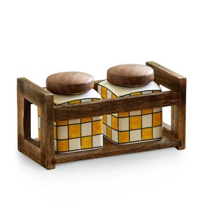 Stylish Ceramic <b>Storage</b> Jar Wooden Lid Airtight <b>Kitchen</b> Organizer Geometric Pattern Durable Food Safe <b>Container</b> - Product Image 2