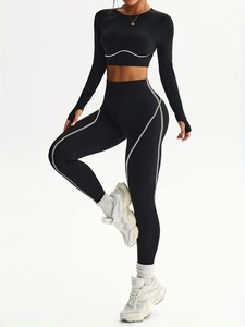Seamless 2 Piece Gym Outfits Women Contrast Piping Long Sleeve Crop Top with High Waisted Lift <b>Workout</b> Leggings Activewear Set - Product Image 3