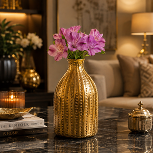Vase à fleurs en laiton martelé fait main |   Vase décoratif en métal doré |   Décoration de table de luxe pour la maison |   Vases en laiton en gros - Product Image 4