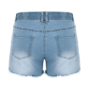 Shorts de mezclilla de cintura alta para mujer ODM con cordón, estilo casual de verano, desgastados, con dobladillo deshilachado, estilo boyfriend, de algodón - Product Image 2