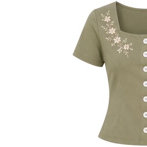 Olive Green Women Two Piece Shorts Set Square Neck Button Crop <b>Top</b> White Floral Embroidery Casual Summer Cotton Lounge Wear - Product Image 3