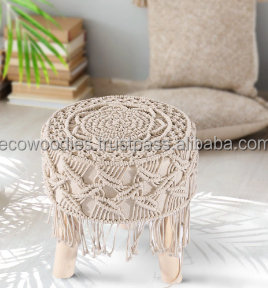 Best Selling Modern Cream Cushion Bamboo Pouf <b>Stool</b> Outdoor & Indoor Multi-Purpose Footstool for Bedroom Living Room - Product Image 4