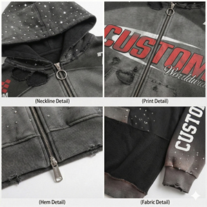 Custom Heavyweight Men's Zip up Oversized Distressed Rhinestone Color Blocked Heavyweight Patchwork Cropped Boxy Hoodies for Men - Product Image 4