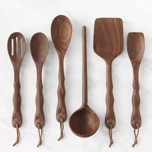 Most Selling 6Pcs Dark Walnut Wooden Utensils <b>Set</b> <b>Spatula</b> Ladle Pasta Server Leather Hanging Loop for Nonstick Cooking - Product Image 6