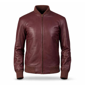 Chaqueta bomber de cuero burdeos para hombre con cuello y puños acanalados, cremallera premium, chaqueta de cuero genuino clásica y elegante para hombre - Product Image 1