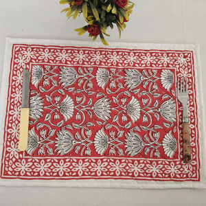 Modern Rectangle Red Quilted Floral Hand Block Print Disposable Reusable 100% Cotton Placemats <b>Dining</b> <b>Table</b> Decor Home Kitchen - Product Image 1