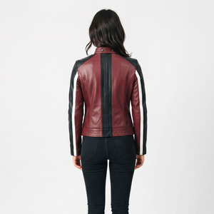 Chaqueta de cuero para mujer, estilo racer, con cuello alto, manga larga, cremallera, impermeable, corte ajustado, de cuero genuino - Product Image 5