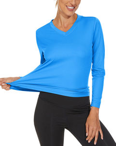 Camiseta de Punto de Manga Larga con Cuello en V Azul para Mujer, de Secado Rápido, Corte Regular, Color Sólido, Informal, para Primavera y Verano - Product Image 3