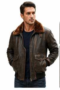 <b>Men's</b> Genuine <b>Leather</b> Bomber <b>Jacket</b> With <b>Faux</b> Fur Lining Zipper Closure - Product Image 5
