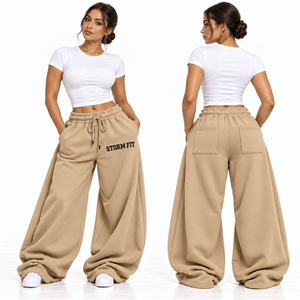 Pantalones Cargo de Mujer Color Caqui, Resistentes al Viento, Transpirables, de Pierna Ancha, Personalizados, con Forro Polar, Cintura Media, Cordón Elástico, Corte Regular, Pantalones Largos - Product Image 1